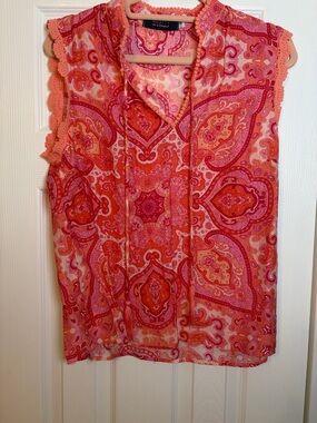 Pink-Orange Paisley Sleeveless V-Neck Blouse